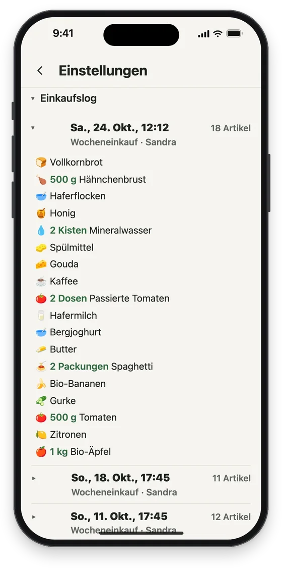 Das Einkaufslog: jeder Einkauf mit Zeit, Liste, Person und Artikeln