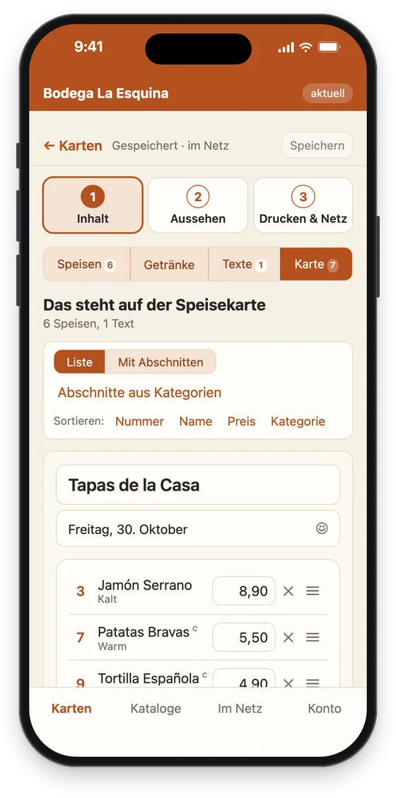 Die Tapas-Karte der Bodega La Esquina in der App: Speisen per Nummer, Preise direkt änderbar