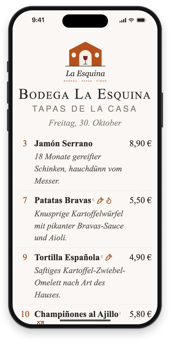 Die Tapas-Karte im Netz, so wie sie Gäste nach dem QR-Code am Handy sehen