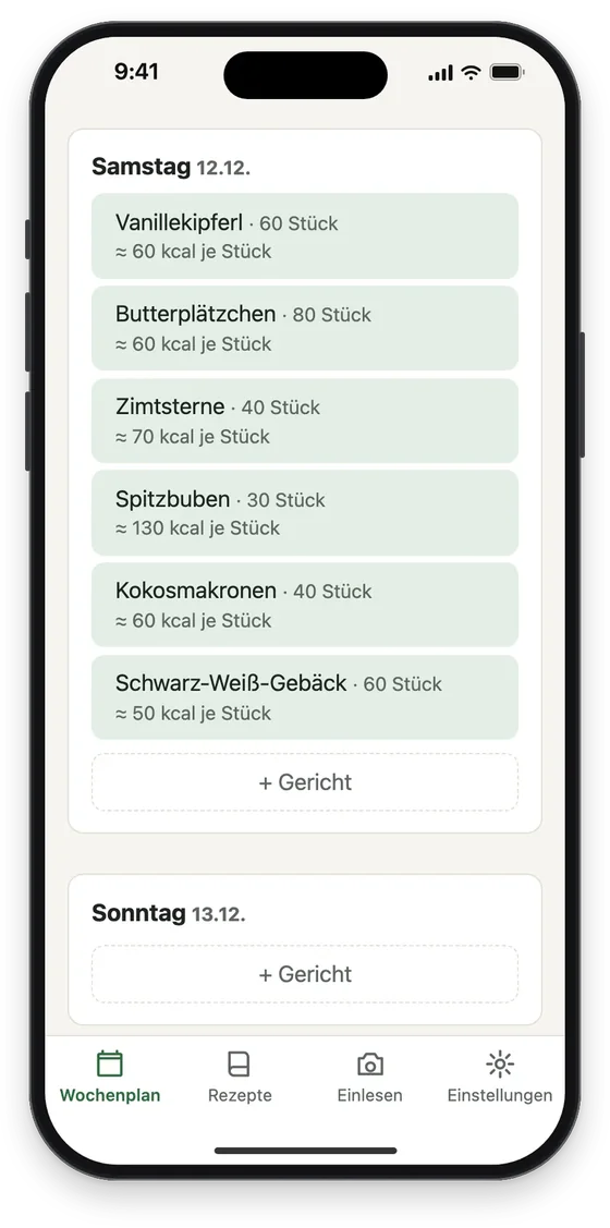 Der Wochenplan am Backtag: sechs Sorten Plätzchen mit Stückzahl und kcal