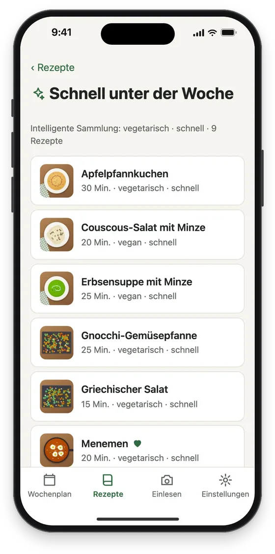 Intelligente Sammlung „Schnell unter der Woche“ mit vegetarischen Rezepten
